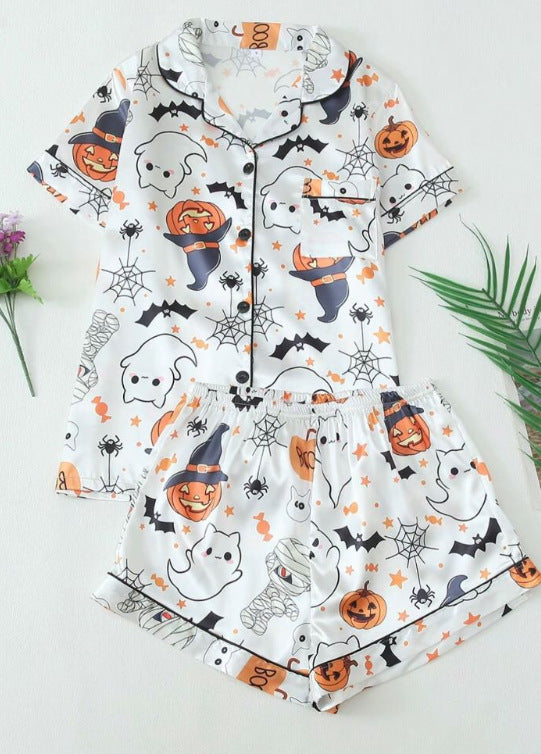 Women Halloween Satin Pajama Set Ghost Pumpkin Print Top With Shorts Sleepwear