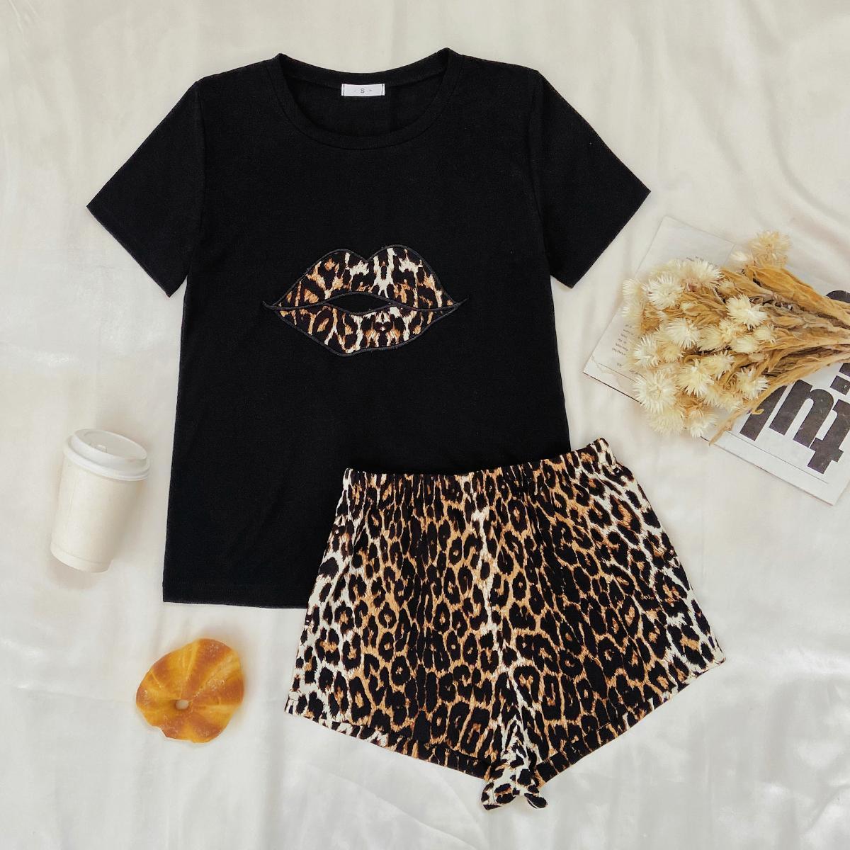 Women's Leopard Print Short Sleeve Pajamas Pajamas Suit